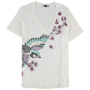 TRULY MADLY DEEPLY Womens Bird & Flowers Graphic T-Shirt, whtmulti, L